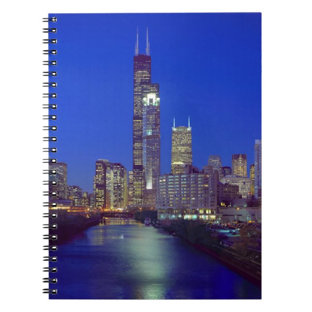 Chicago, Illinois, Skyline at night with Chicago Spiral Notebook (Front)