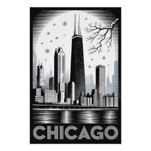 Chicago Illinois Skyline Black White Woodcut Poster