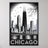 Chicago Illinois Skyline Black White Woodcut