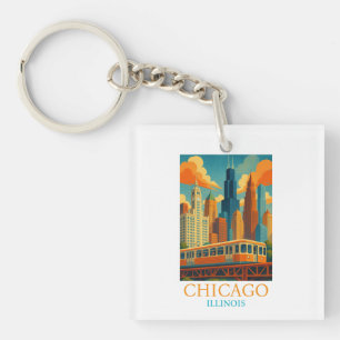 Chicago Illinois Skyline Vintage Art Travel Key Ring
