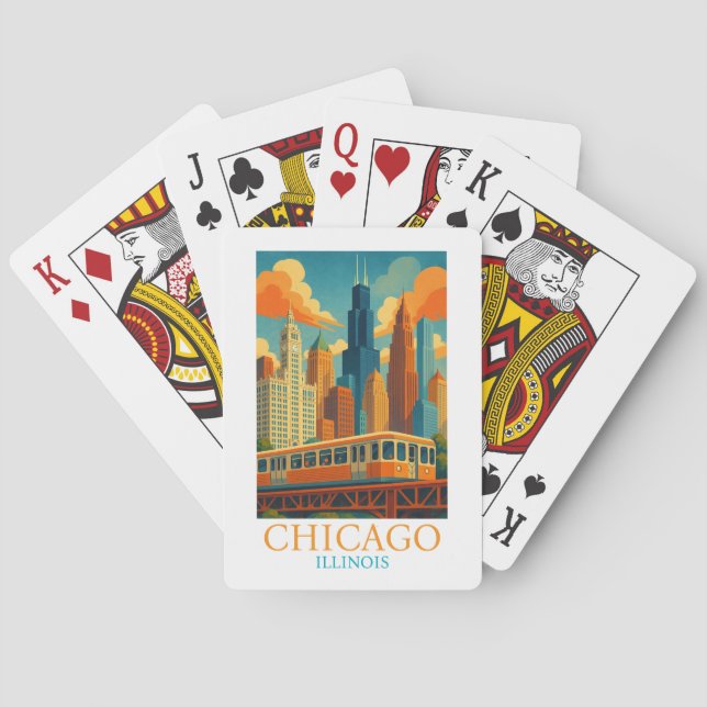 Chicago Illinois Skyline Vintage Art Travel Playing Cards (Back)