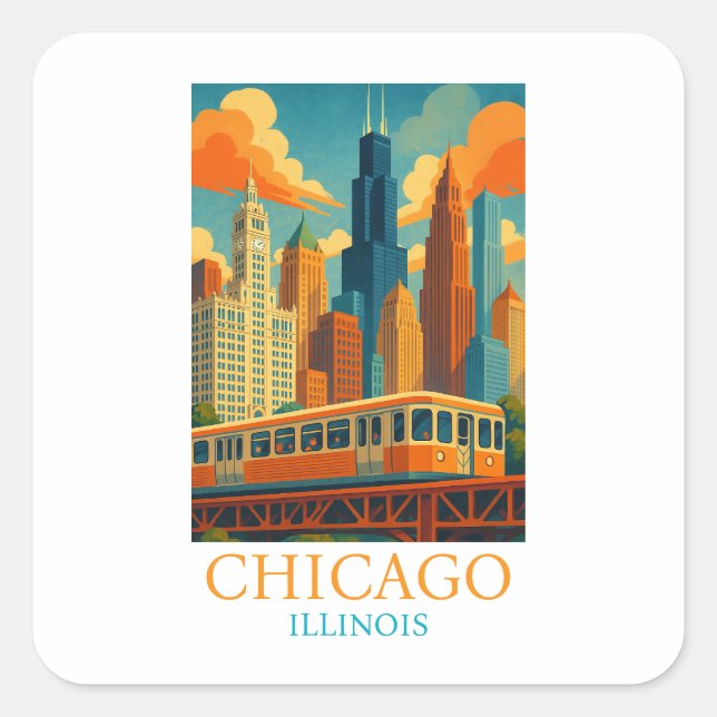 Chicago Illinois Skyline Vintage Art Travel Square Sticker (Front)