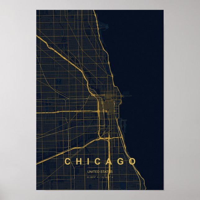 Chicago Illinois Stylised Map Print | Modern Highl (Front)