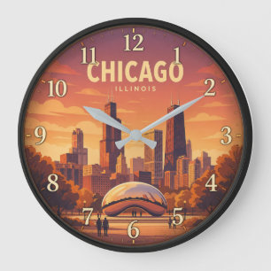 Chicago Illinois Sunset Skyline Large Clock