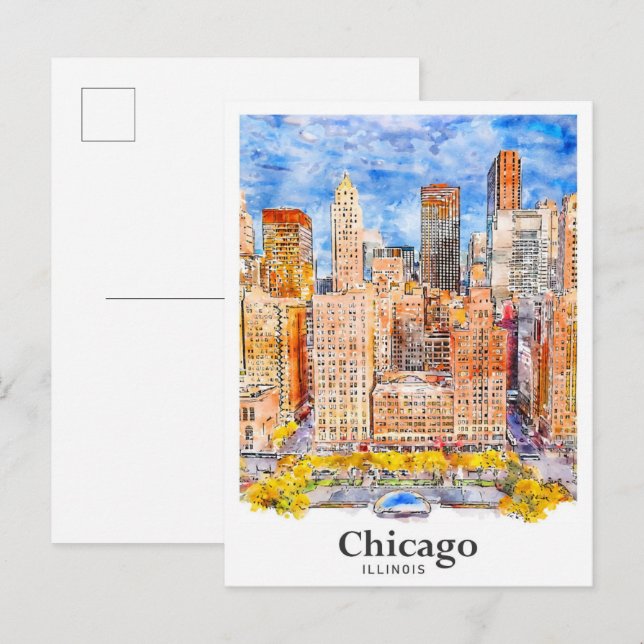 Chicago Illinois Travel Watercolor Hand Drawn Postcard (Front/Back)