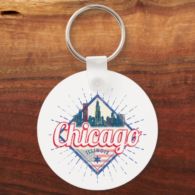 Chicago Illinois United States Retro Skyline USA Key Ring (Front)