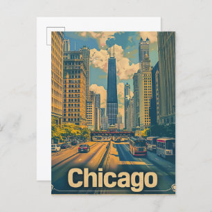 Chicago Illinois Vintage Retro Travel Illustration Postcard
