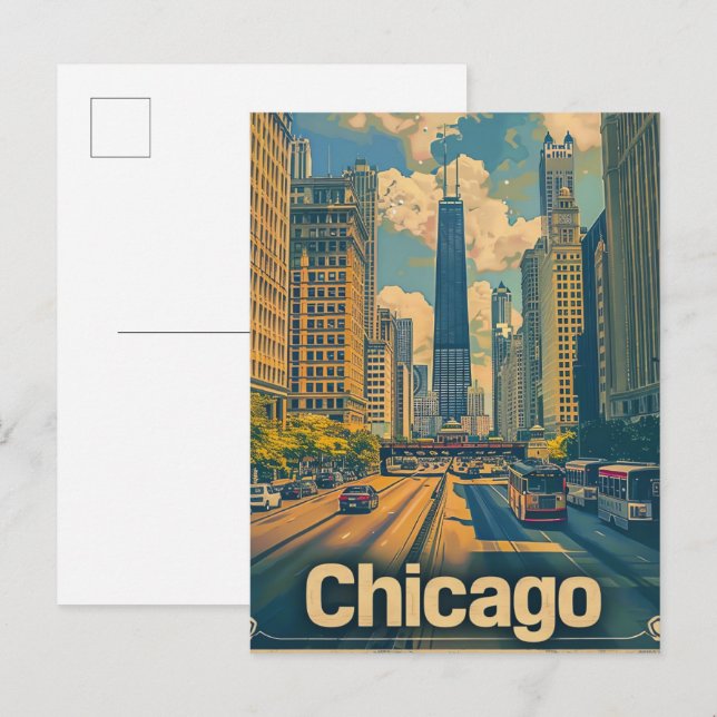 Chicago Illinois Vintage Retro Travel Illustration Postcard (Front/Back)