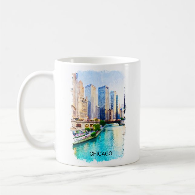 Chicago Illinois Watercolor City View Coffee Mug (Left)