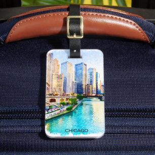 Chicago Illinois Watercolor City View Luggage Tag