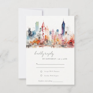 Chicago Illinois Watercolor Landscape Wedding RSVP Card