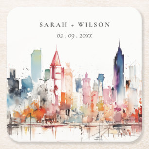 Chicago Illinois Watercolor Landscape Wedding Square Paper Coaster