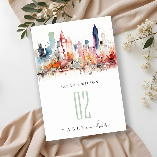 Chicago Illinois Watercolor Landscape Wedding Table Number (Creator Uploaded)
