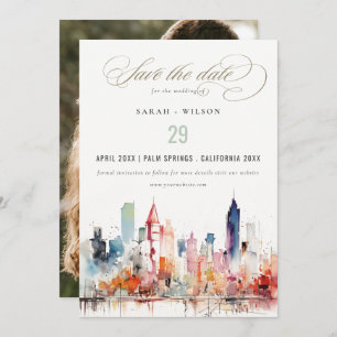 Chicago Illinois Watercolor Scape Photo Wedding Save The Date