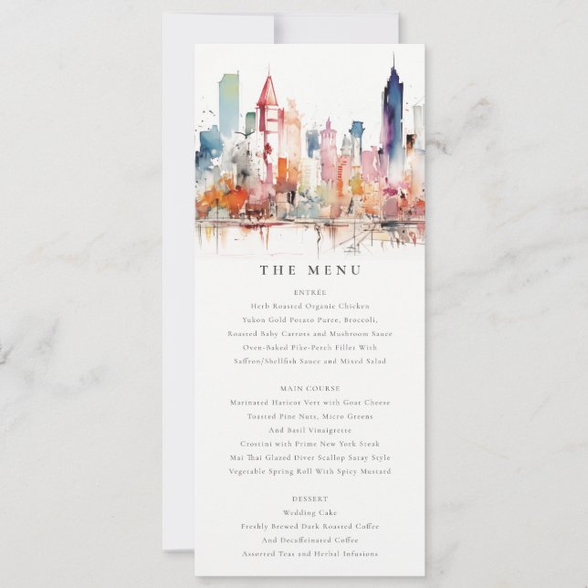 Chicago Illinois Watercolor Scape Wedding Menu Invitation (Front)