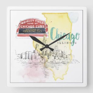 Chicago, Illinois   Watercolor Sketch Square Wall Clock
