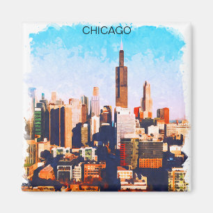 Chicago Illinois Watercolor Skyline View Magnet