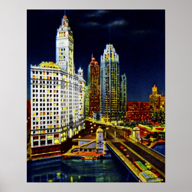 Chicago Illinois Wrigley Buildings by Night Poster (Front)