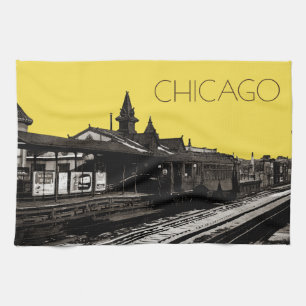 Chicago L 1950 Watercolor Sepia Photograph Subway Tea Towel