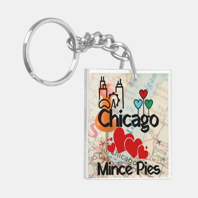 Chicago Loves Mince Pies Cityscape Key Ring (Front Left)