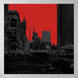 Chicago Michigan Avenue 1960's Glowing Edges Black Poster