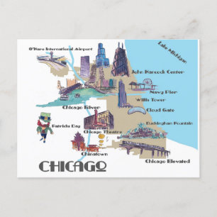 Chicago Michigan map with attractions Postcard