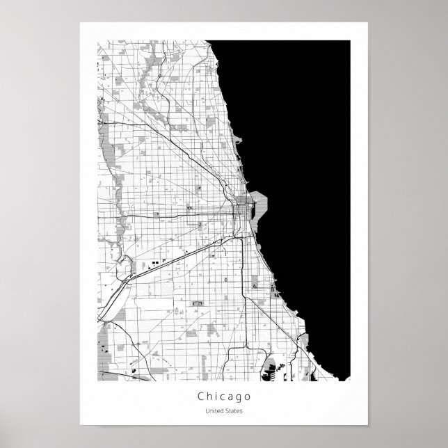 Chicago Modern Minimal Black and White Line Map Poster (Front)