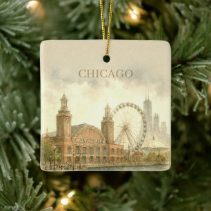 Chicago Navy Pier Custom Watercolor Landmark Ceramic Ornament
