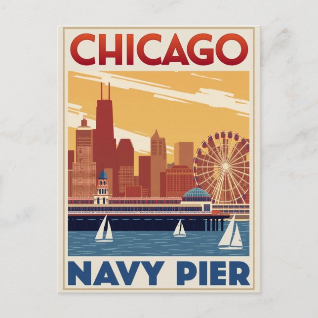 Chicago Navy Pier Skyline Retro Postcard (Front)