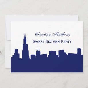 Chicago Navy Skyline Silhouette Sweet 16 Party Invitation