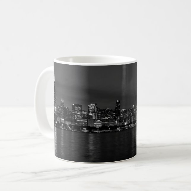Chicago Night Cityscape Grayscale Coffee Mug (Front Left)