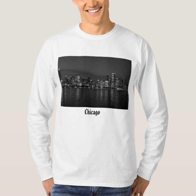 Chicago Night Cityscape Grayscale T-Shirt (Front)