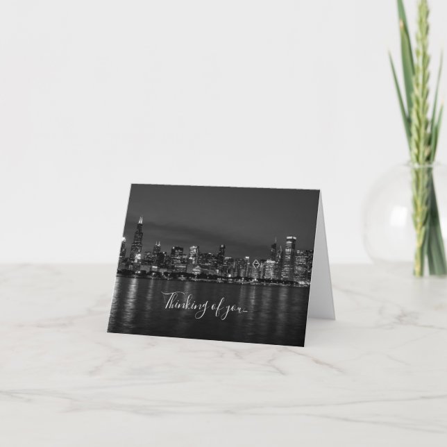 Chicago Night Cityscape Grayscale Thinking Of You Card (Front)