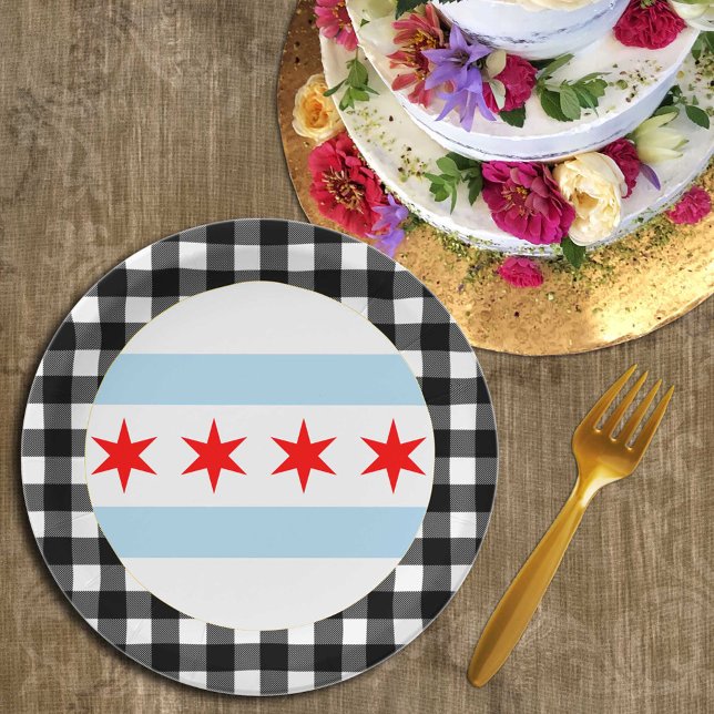 Chicago Plate, buffalo plaid USA & Chicago Flag Paper Plate (Creator Uploaded)
