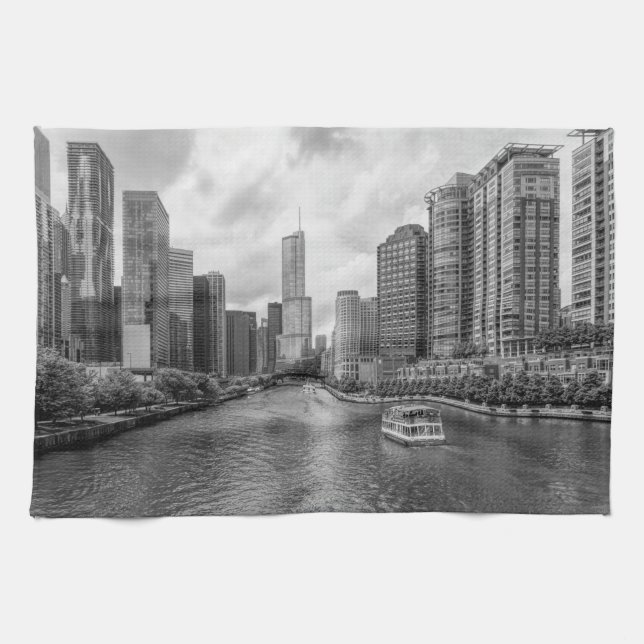 Chicago River And Trump Tower Grayscale Tea Towel (Horizontal)