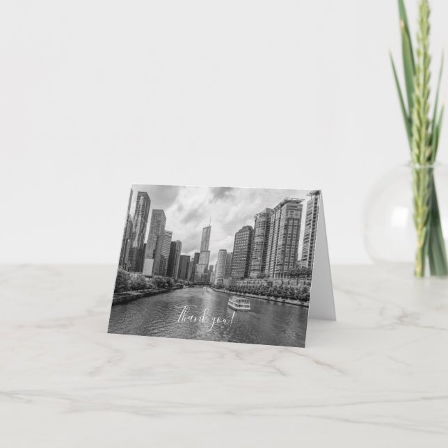 Chicago River And Trump Tower Grayscale Thank You Card (Front)