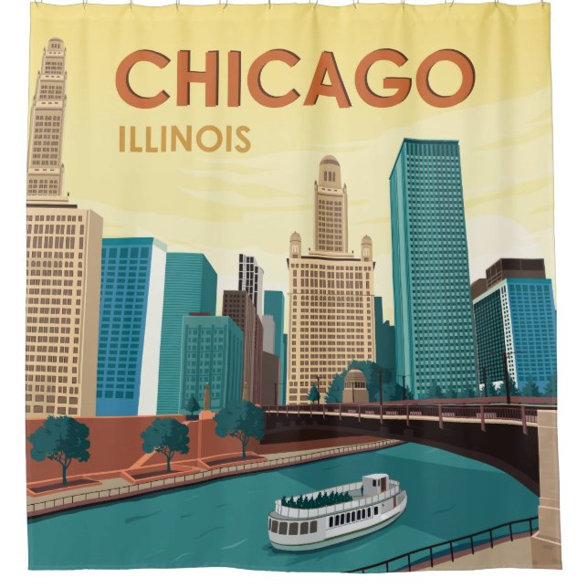 Chicago River Skyline Vintage Travel Shower Curtain (Front)