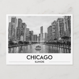 Chicago Riverwalk Black & White Downtown Skyline Postcard