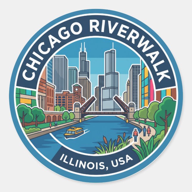 Chicago Riverwalk Illinois Classic Round Sticker (Front)