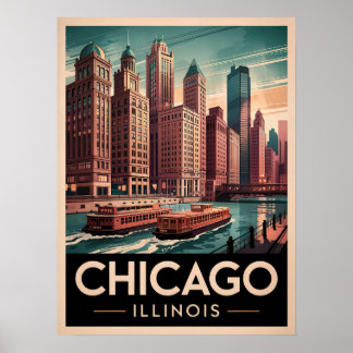 Chicago Riverwalk Retro Art – Vintage Cityscape Poster