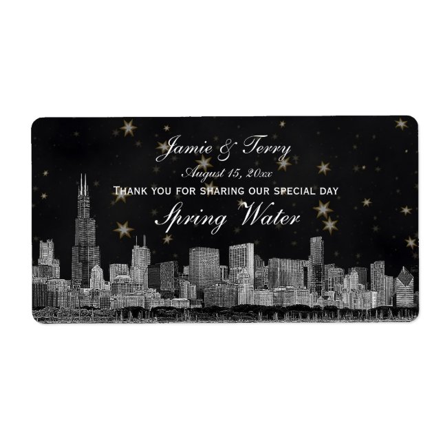 Chicago Skyline #2 Black Gold Star H Water Bottle (Front)