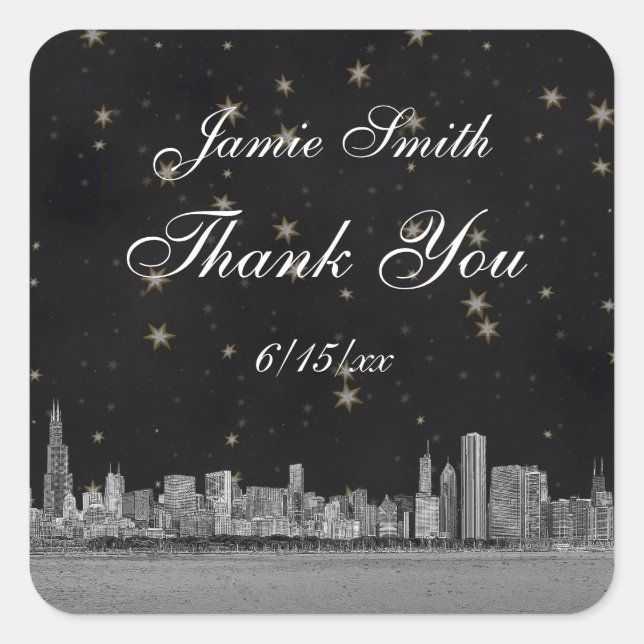 Chicago Skyline #2 Black Gold Star Thank You Square Sticker (Front)