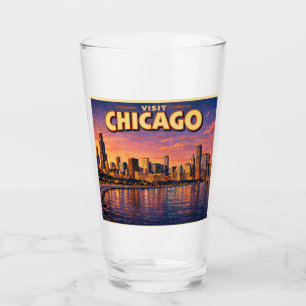Chicago skyline and Lake Michigan in the evening Glass