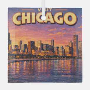 Chicago skyline and Lake Michigan in the evening Glass Tree Decoration