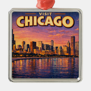 Chicago skyline and Lake Michigan in the evening Metal Tree Decoration