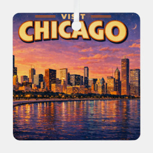Chicago skyline and Lake Michigan in the evening Metal Tree Decoration