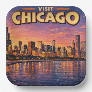 Chicago skyline and Lake Michigan in the evening Paper Plate