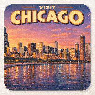 Chicago skyline and Lake Michigan in the evening Square Paper Coaster