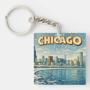 Chicago skyline and Lake Michigan in winter Key Ring