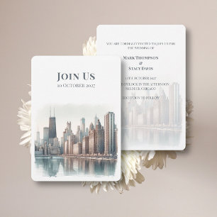 Chicago Skyline Architecture Watercolor Wedding Invitation